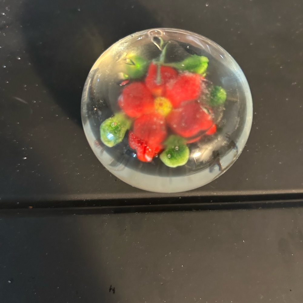 Glass Paperweight with Encased Red Flower
